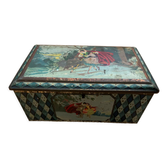 Biscuit box, old sheet metal jewelry, Commedia Dell'Arte