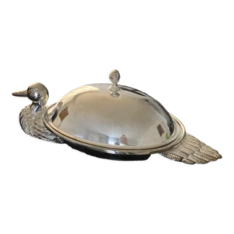 Foie gras dish with duck-shaped bell and double bottom