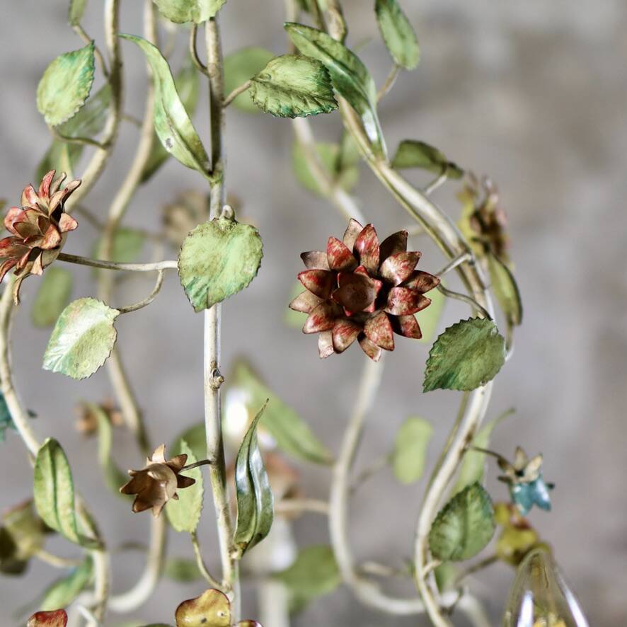 Large flower and leaf chandelier, hand-painted sheet metal, Italy, 1940s