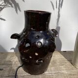 Brutalist lamp in black / brown ceramic openwork 1970