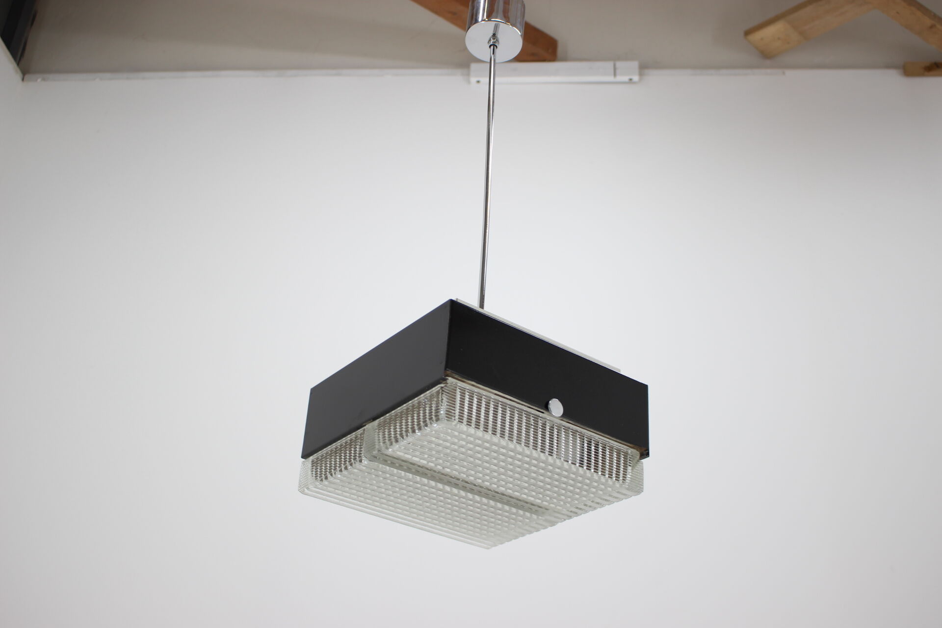 1970s Minimalist Black and Glass Pendant Light, Czechoslovakia
