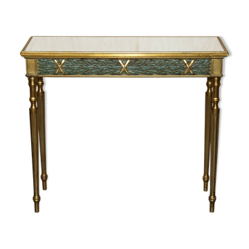 Console vintage italienne sculptée avec plateau miroir en verre