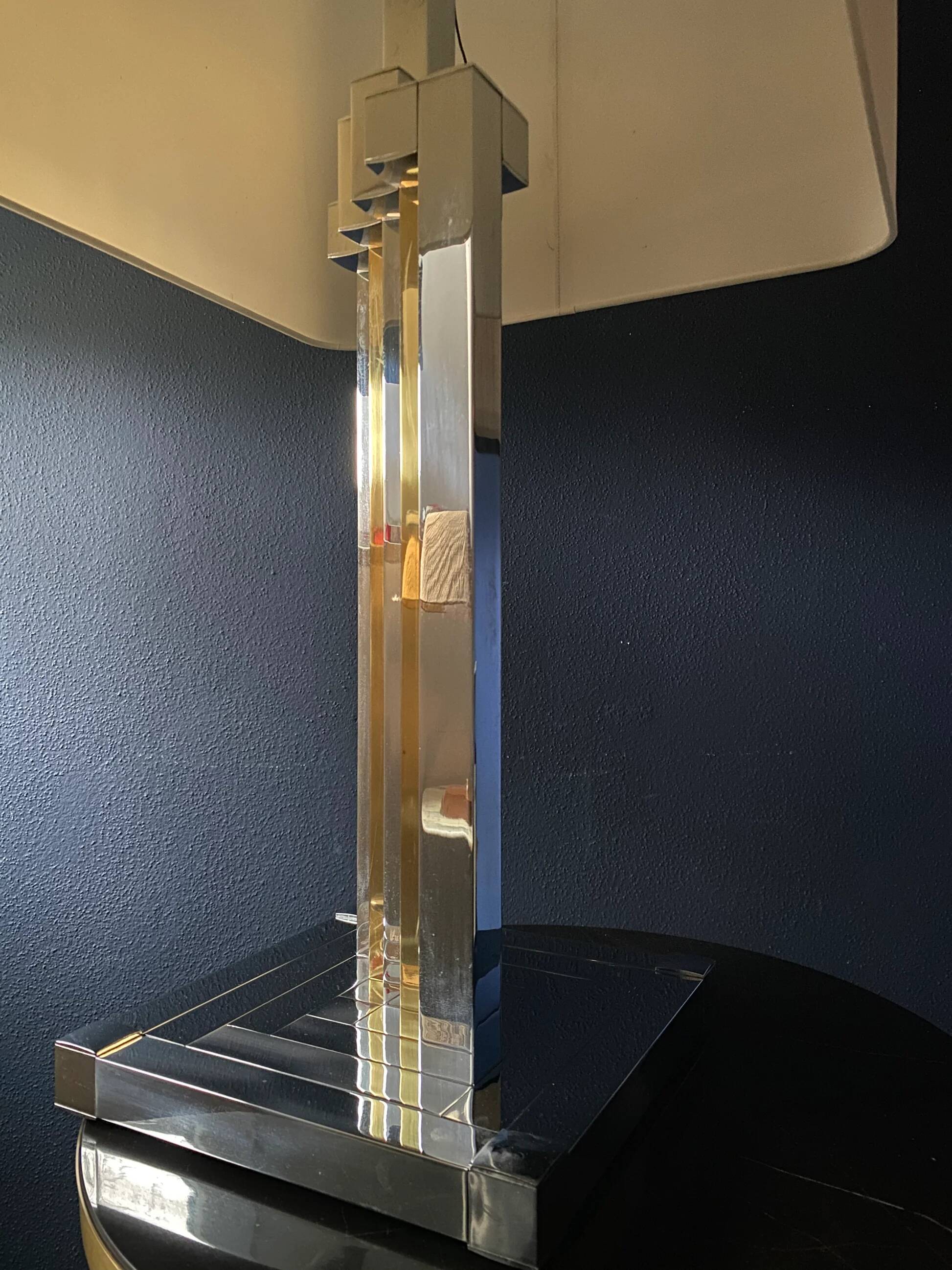 large table lamp in brass and chrome "Skyscraper" by B D Lumica in the style of Willy Rizzo, Spain, 1970s.