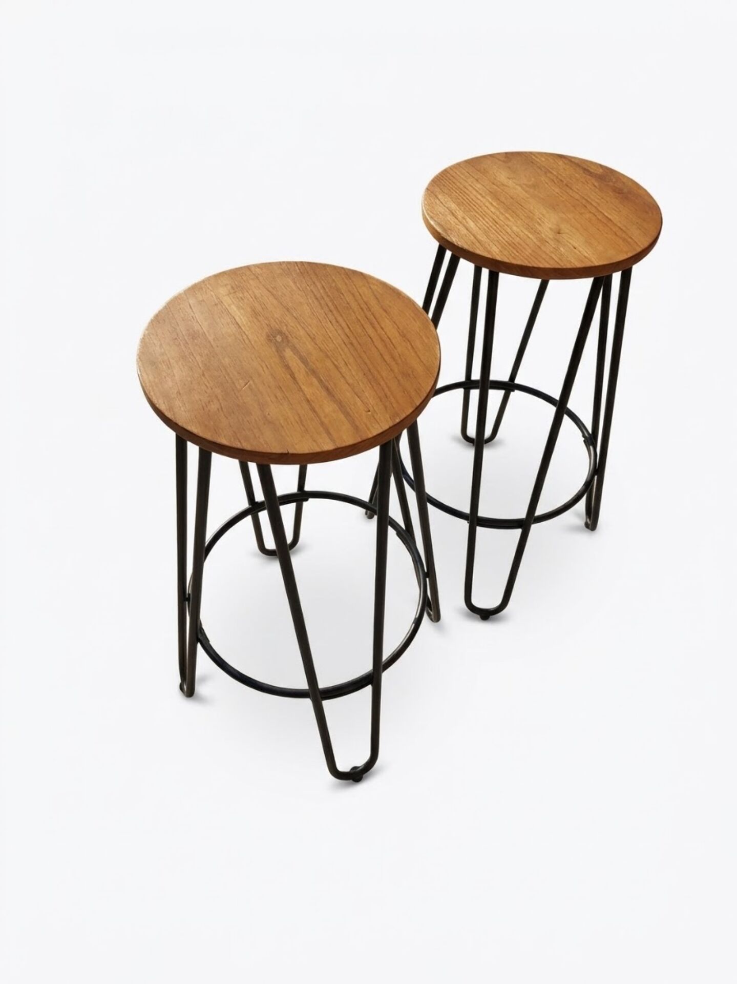 Pair of industrial style bar stools – Wooden seat & tapered legs