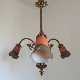 Art Nouveau three-light chandelier in bronze with orange and green glass shade, France.
