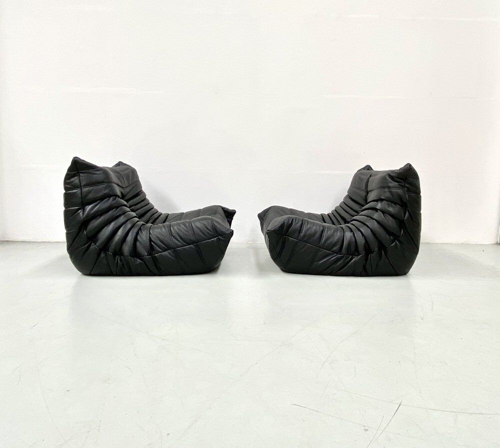 Togo lounge chairs in black leather attributed to Michel Ducaroy for Ligne Roset, set of 2