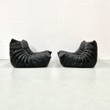 Togo lounge chairs in black leather attributed to Michel Ducaroy for Ligne Roset, set of 2