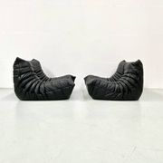 Togo lounge chairs in black leather attributed to Michel Ducaroy for Ligne Roset, set of 2