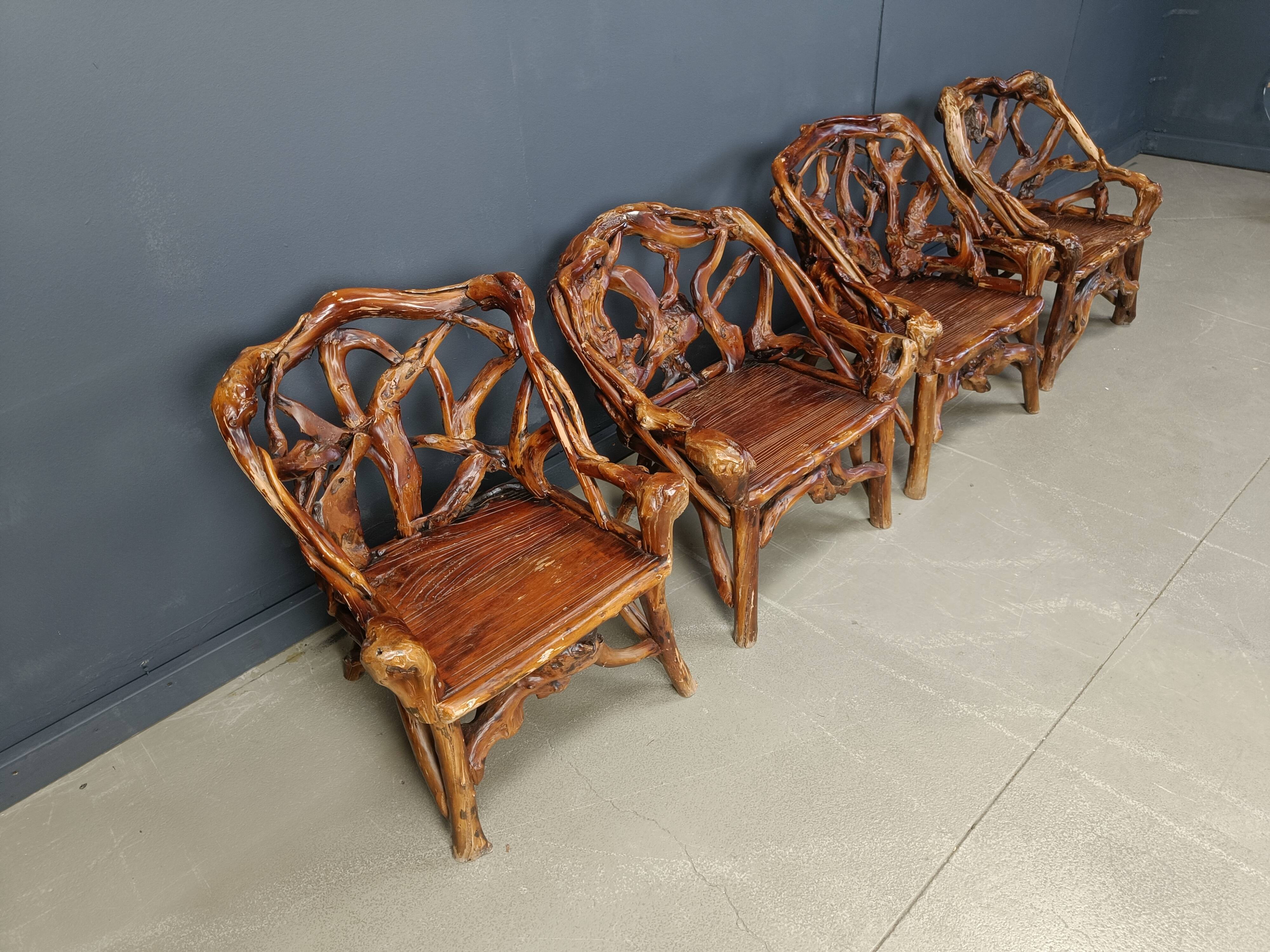 Rustic wood and knotted root armchairs, set of 4 - 1960s