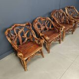 Rustic wood and knotted root armchairs, set of 4 - 1960s