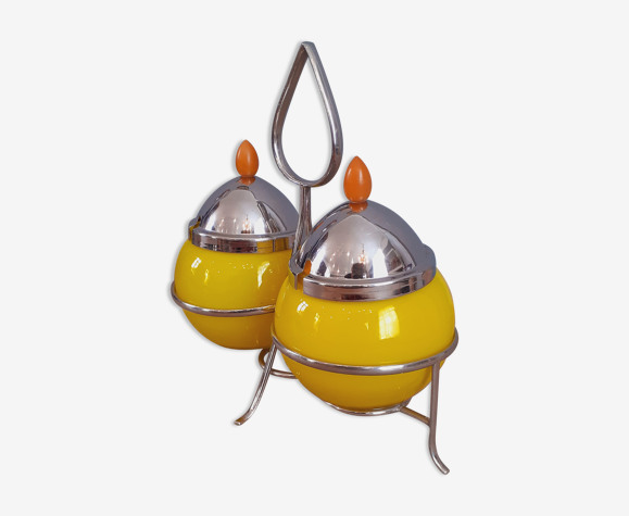 Confiturier double vintage opaline et métal étamé année 60