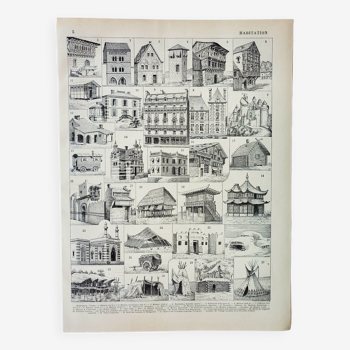 Gravure ancienne 1898, Habitation ancienne 2, architecture • Lithographie, Planche originale