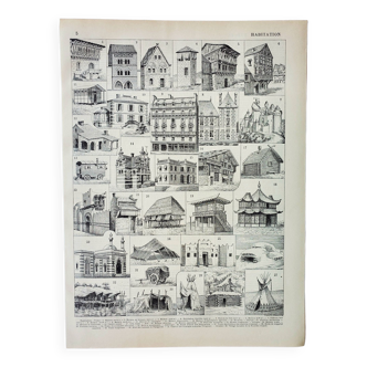 Gravure ancienne 1898, Habitation ancienne 2, architecture • Lithographie, Planche originale
