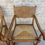 Pair of neo-Basque armchairs, wooden and mulched seat