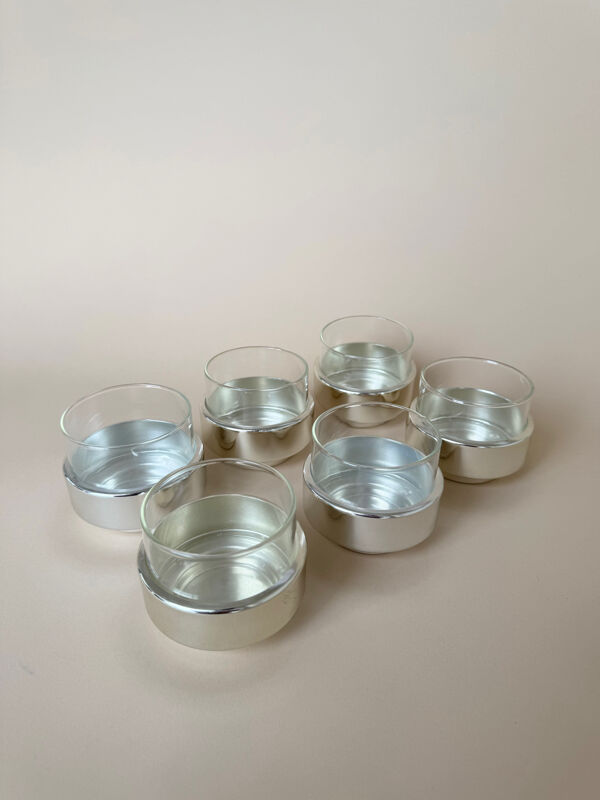 Ensemble vintage moderniste de 6 tasses à café/thé en verre avec théière en céramique.
