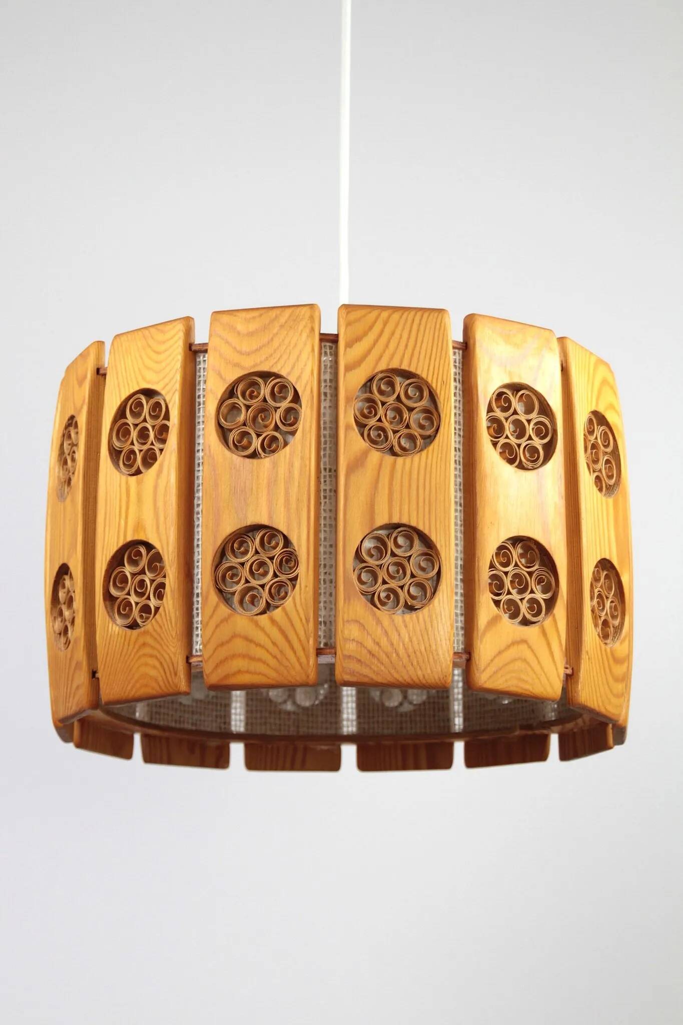 Pine Pendant Lamp with Rolled Wood Curl Rosettes – Sweden, 1970s