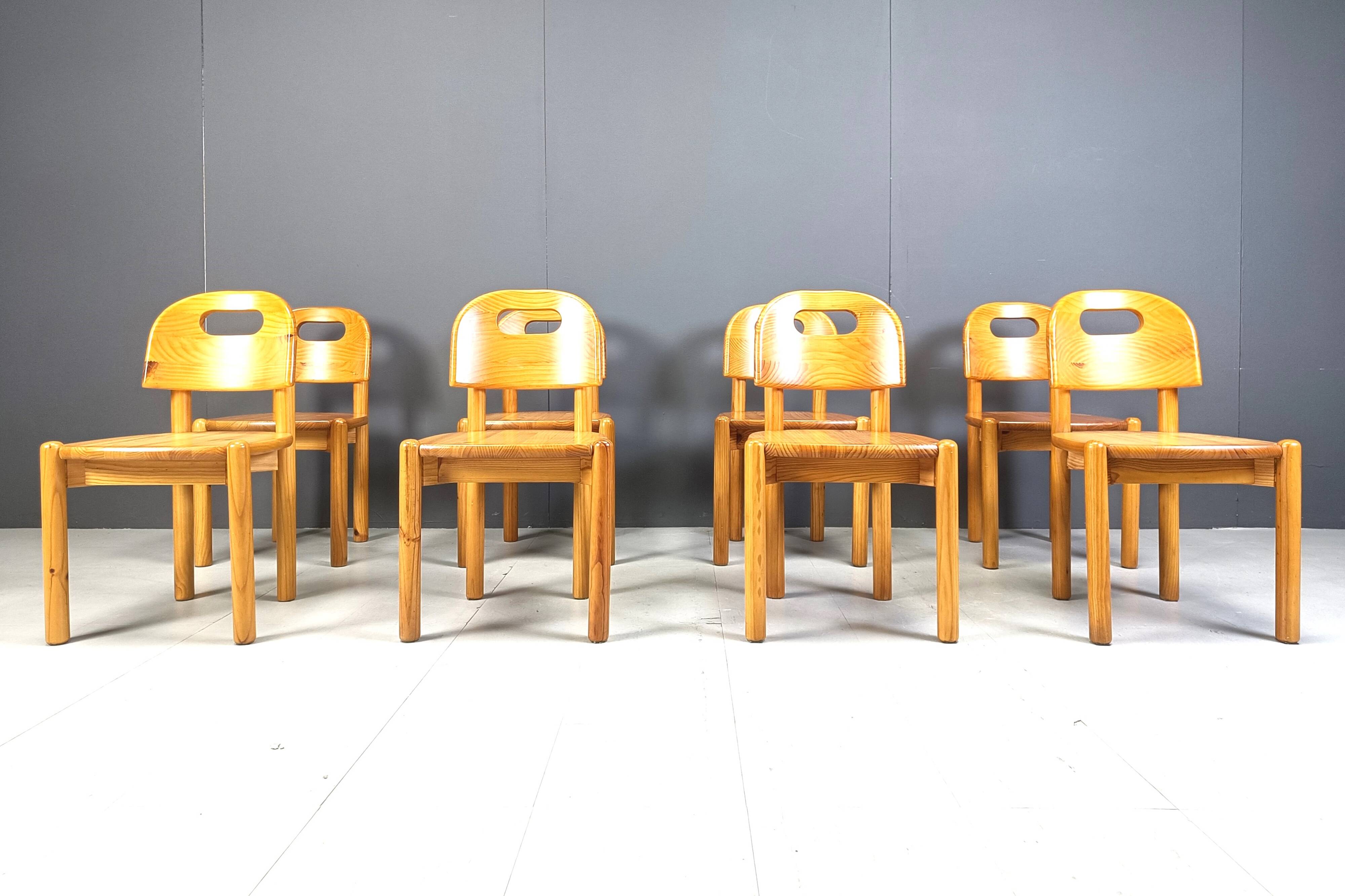 Vintage pine wood dining chairs - 1980s - set of 8