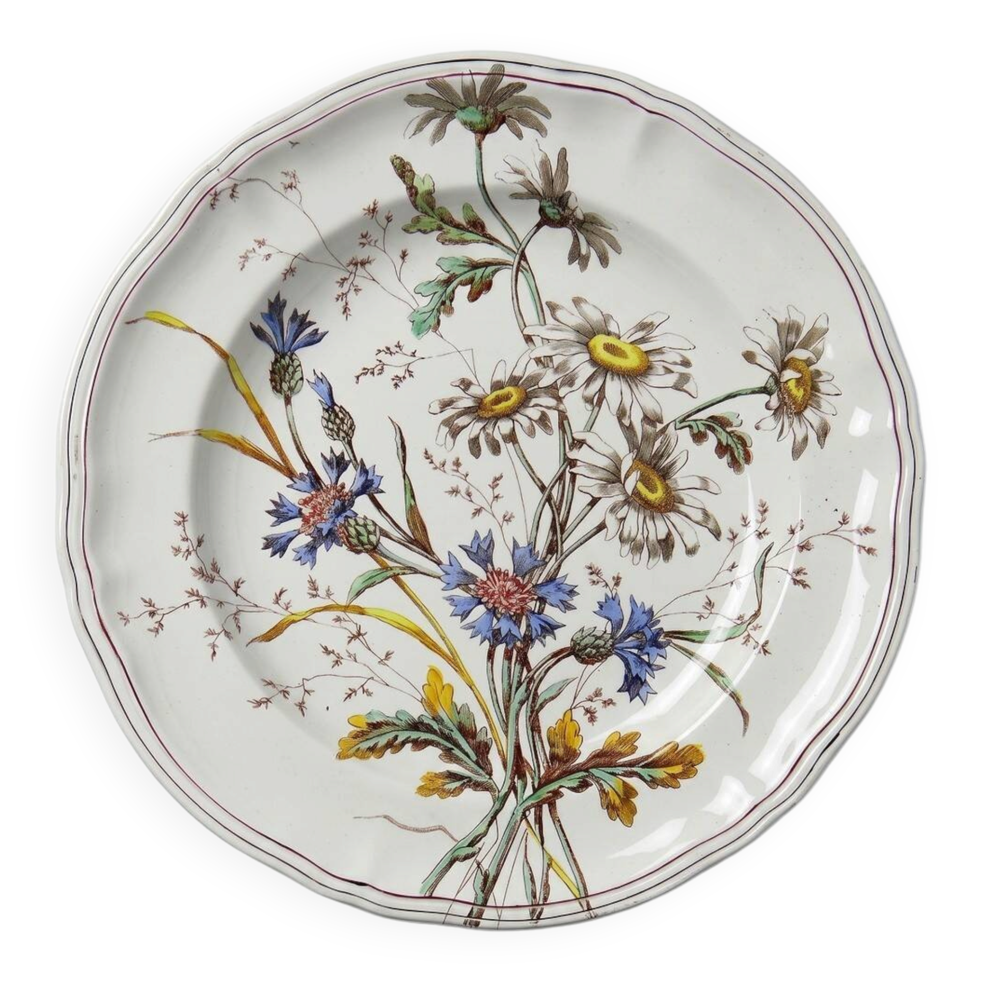 Antique Longchamp shallow dish with polychrome daisies in ironstone.