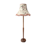 Vintage teak floor standard lamp / large fringed floral shade
