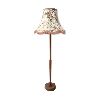 Vintage teak floor standard lamp / large fringed floral shade