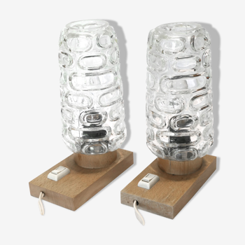 Paire de lampe en bois naturel (hêtre) années 60's globes verre