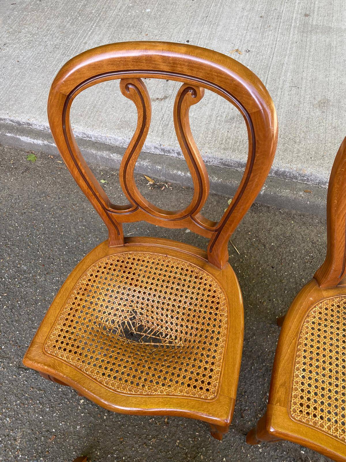 4 Louis Philippe curved wood caned dining chairs