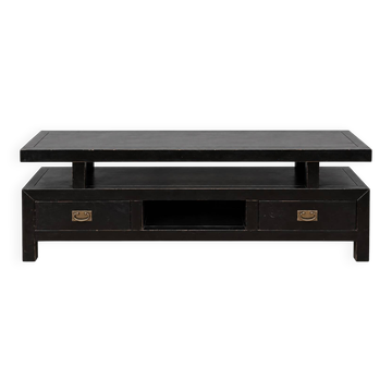 Black wooden TV unit – Asian colonial style, 2 drawers