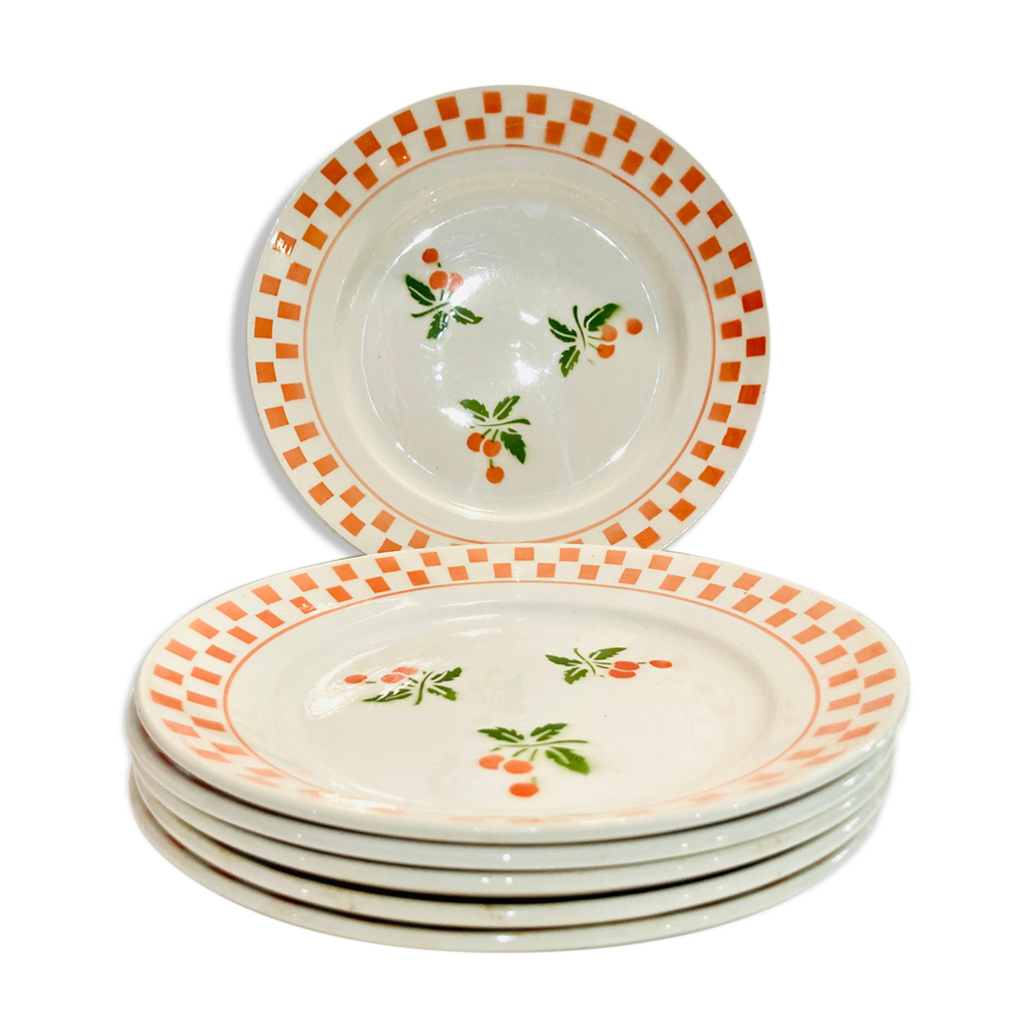 6 large plates in ecru ceramic pattern orchies- moulins des loups -retro-vintage-kitchen