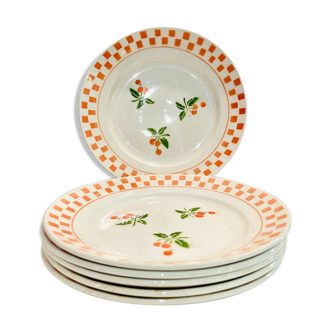 6 grandes assiettes en céramique écru à motif ouge orchies- moulins des loups -retro-vintage-cuisine