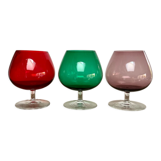 3 vintage colored tasting glasses