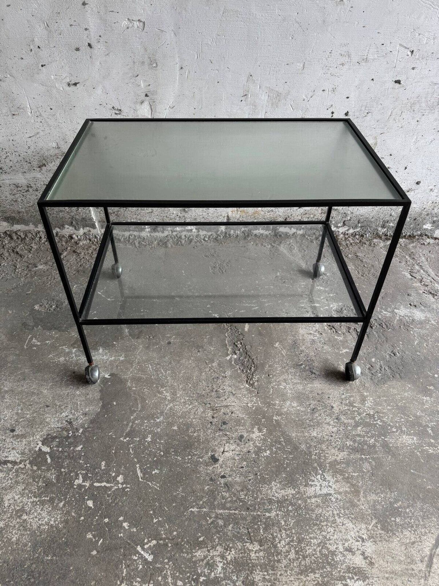 Herbert Hirche black metal side table with chrome tubular frame and laminated top, Bauhaus 1950s