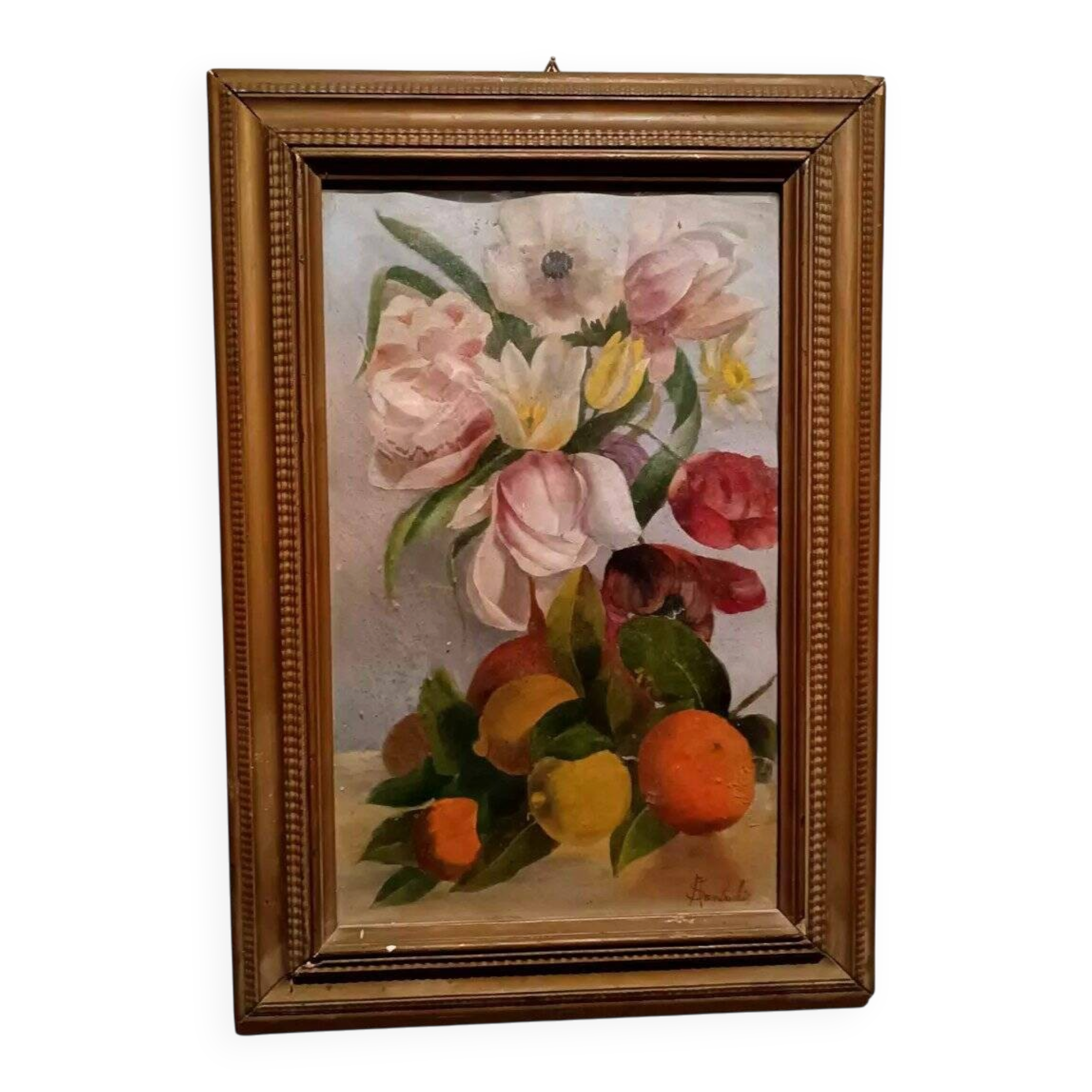 Tableau De La Fin Du 19ème Siècle, Signé, Fleurs, Citrons, Oranges. 67x43