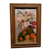 Tableau de la fin du 19ème siècle, signé, fleurs, citrons, oranges. 67x43.