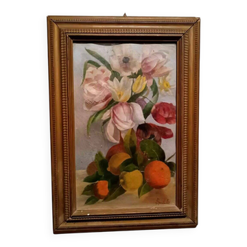 Tableau De La Fin Du 19ème Siècle, Signé, Fleurs, Citrons, Oranges. 67x43