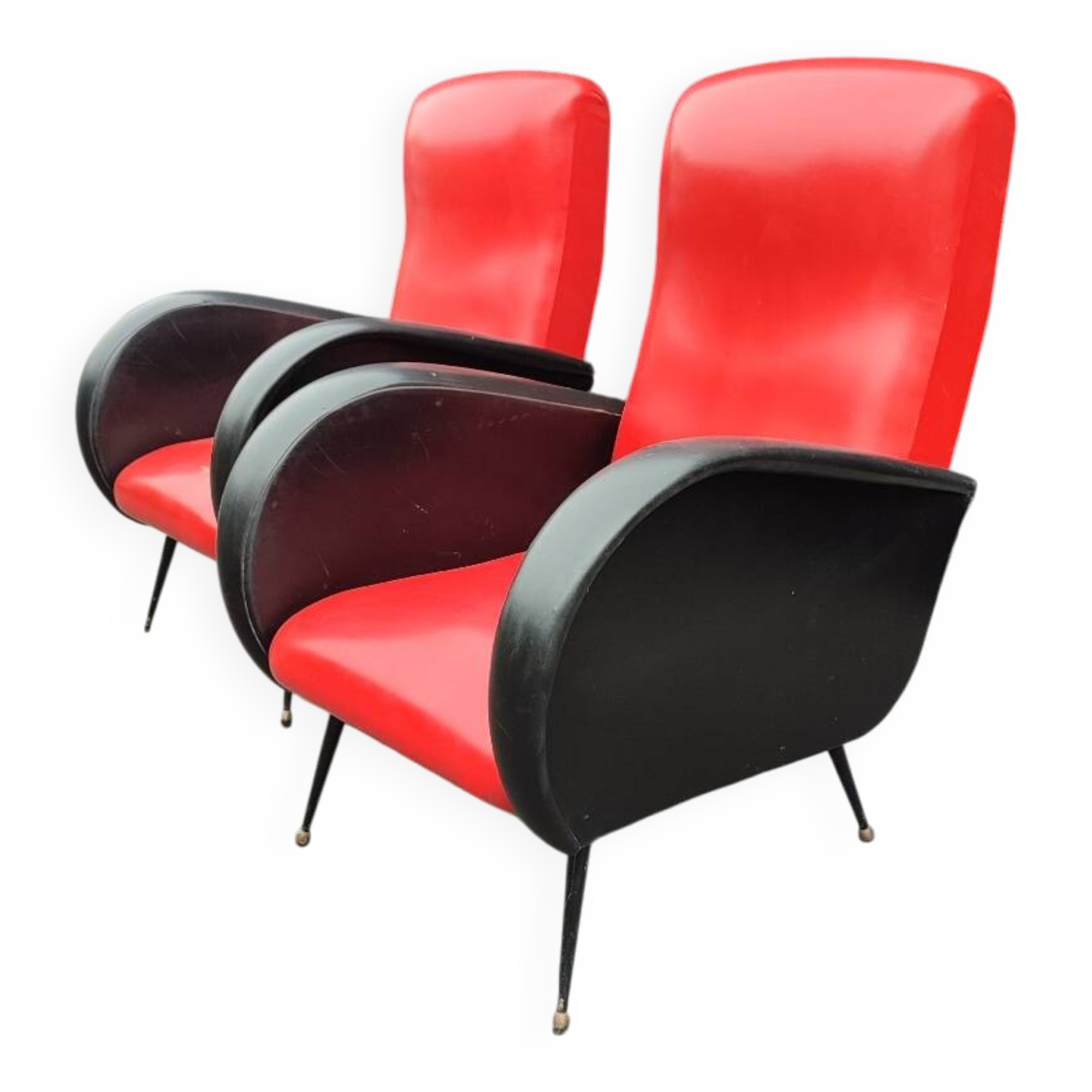 Pair of red and black faux leather armchairs