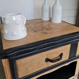 Raw oak and matte black storage cabinet on stencil top and transfer
