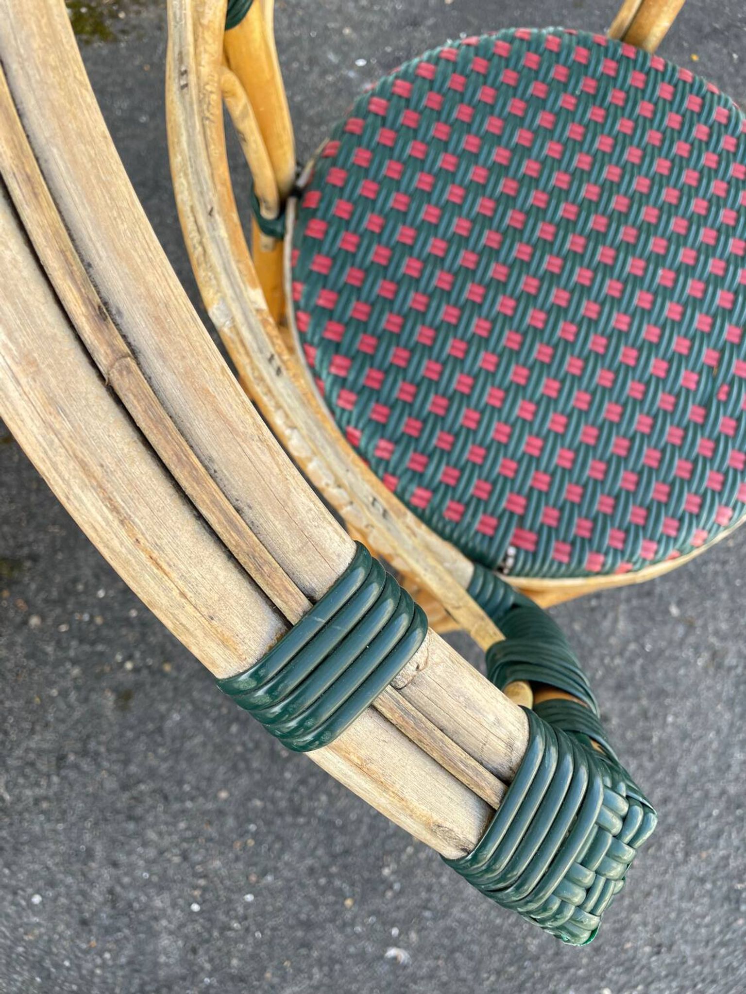 Pair of bistro chairs in bamboo and two-tone weaving
