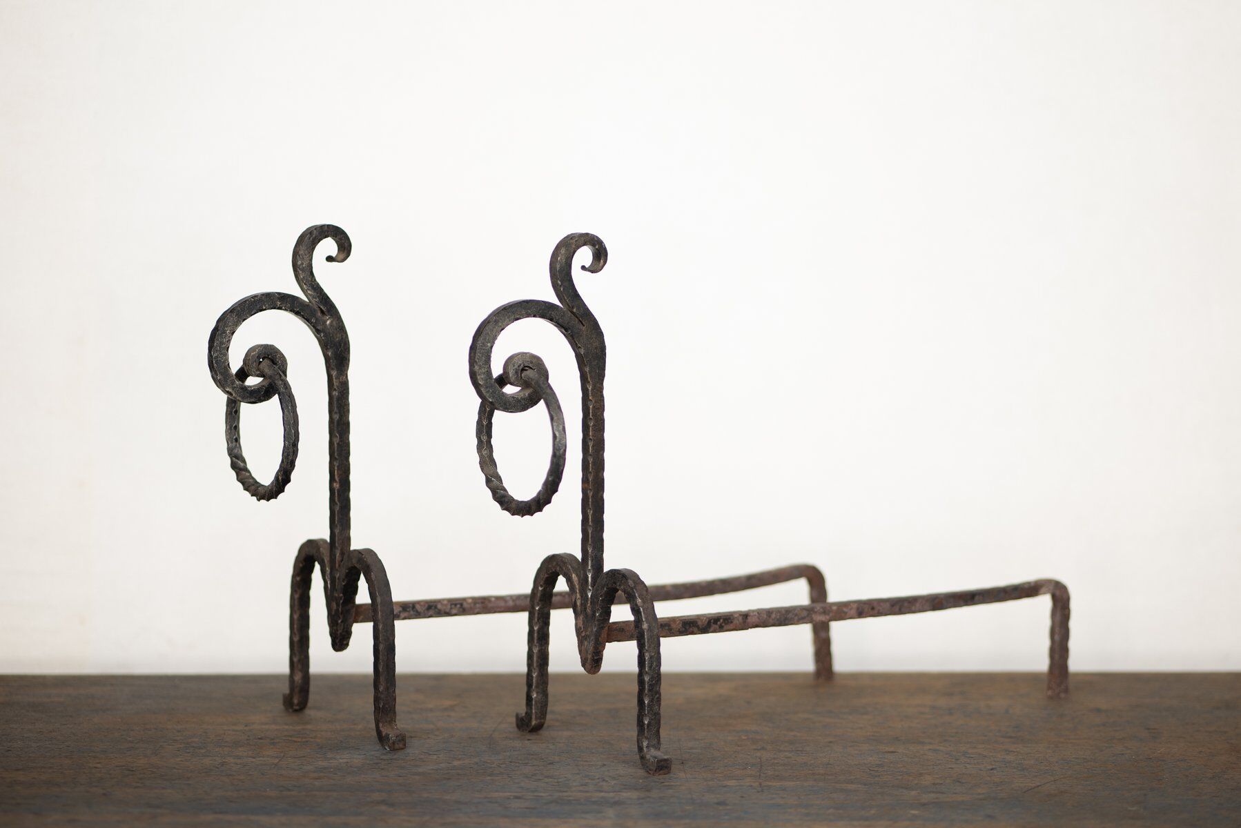 Brutalist wrought iron andirons, Italy, 1970s, set of 2.