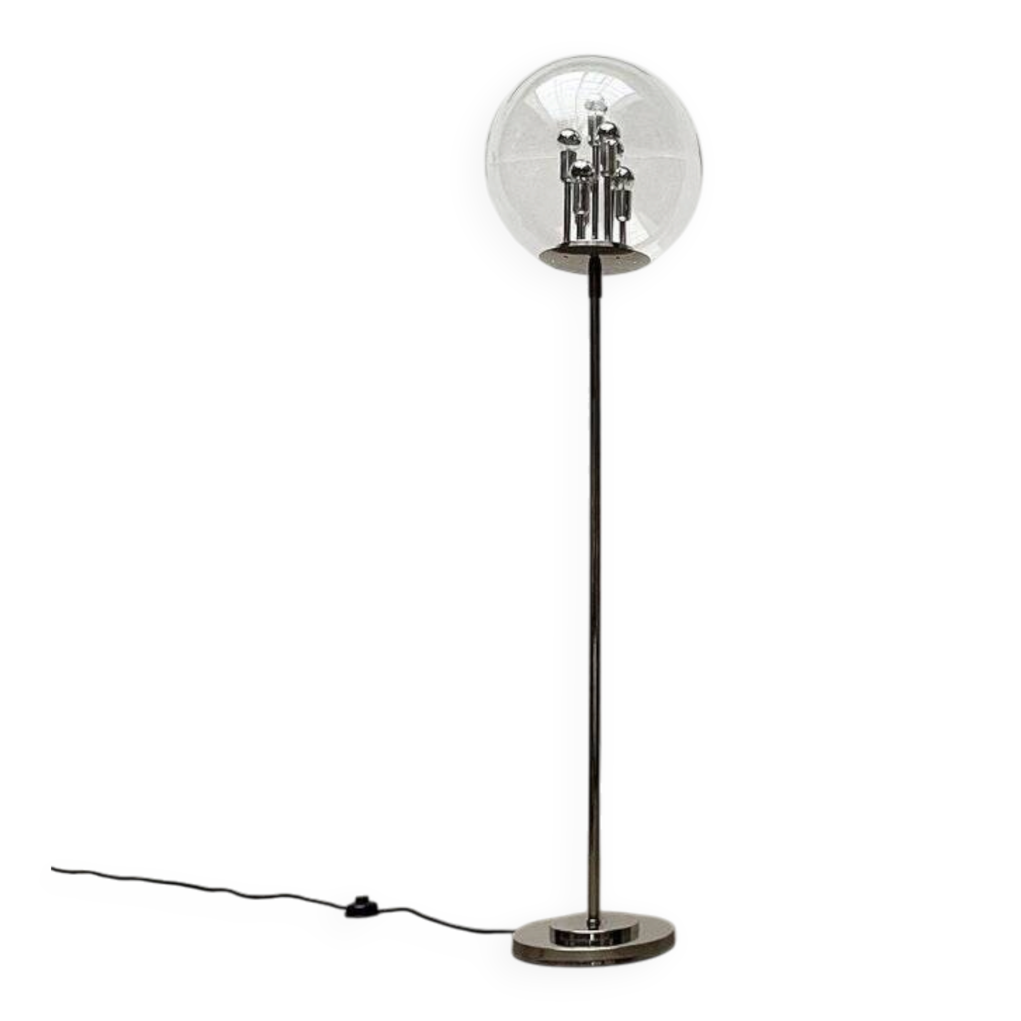 Spherical chrome and glass planetary floor lamp from the mid-century German space age by Doria Leuchten, 1960s.