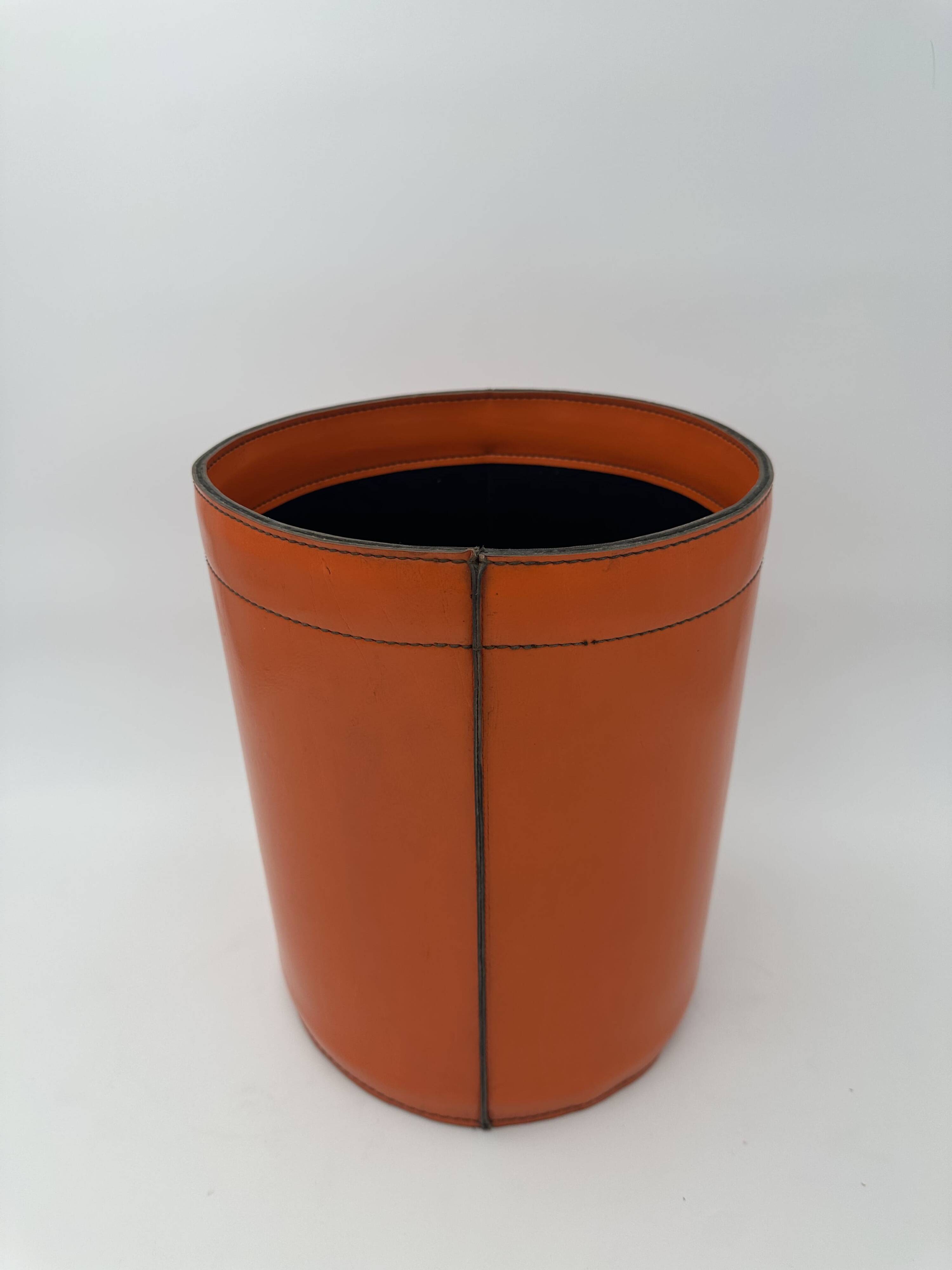 Orange Leather Waste Paper Basket in the Style of a Saddler, in the Taste of Hermès, Ann