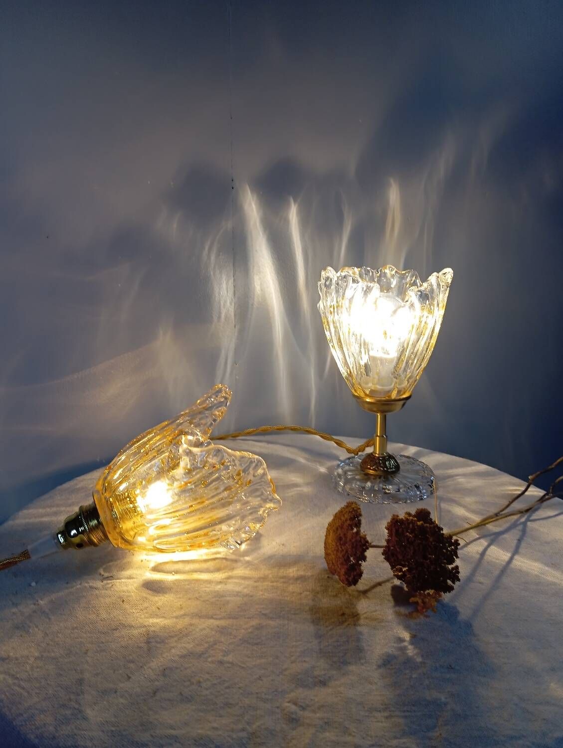 Hanging pendant light thick transparent draped and amber glass, vintage