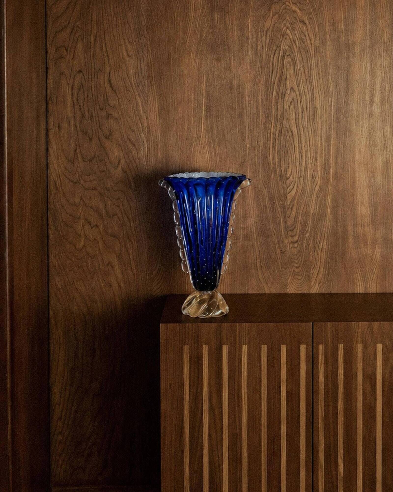 Vintage Murano glass vase by Barovier, royal blue with gold, 1960s.