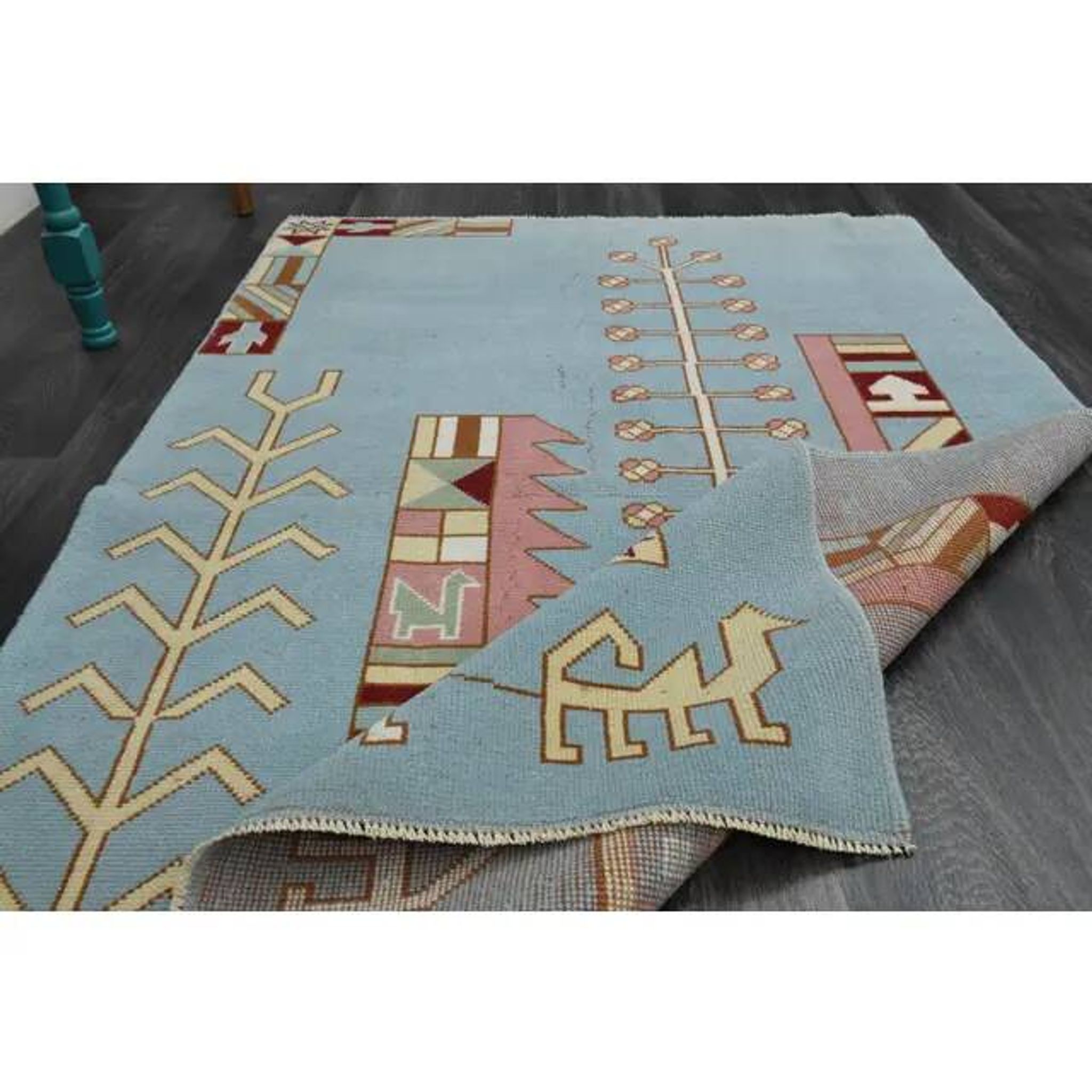 1970s Vintage Turkish Handmade Wool & Cotton Blue Area Rug 116x178