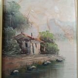 Painting on panel an abandoned house by a river signed