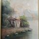 Painting on panel an abandoned house by a river signed