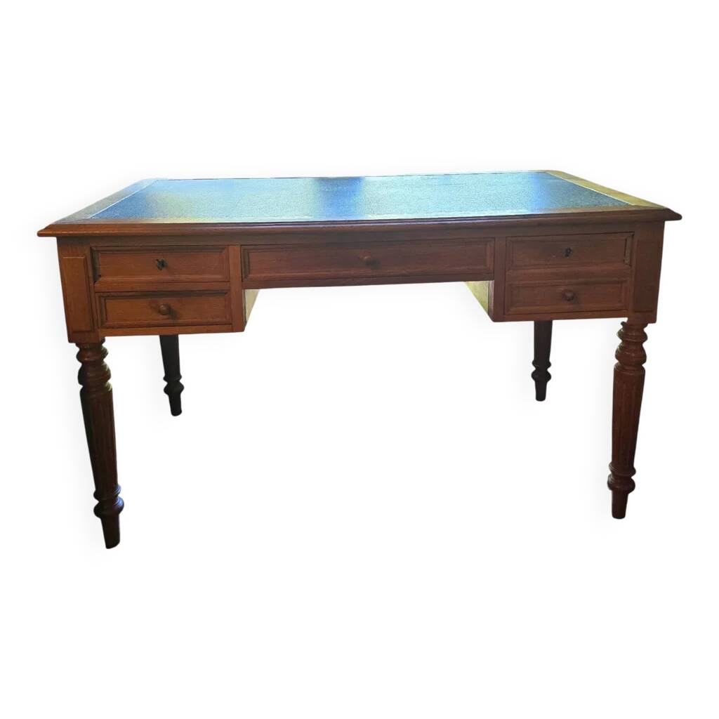 Antique flat desk in oak and black leather, Louis-Philippe style.