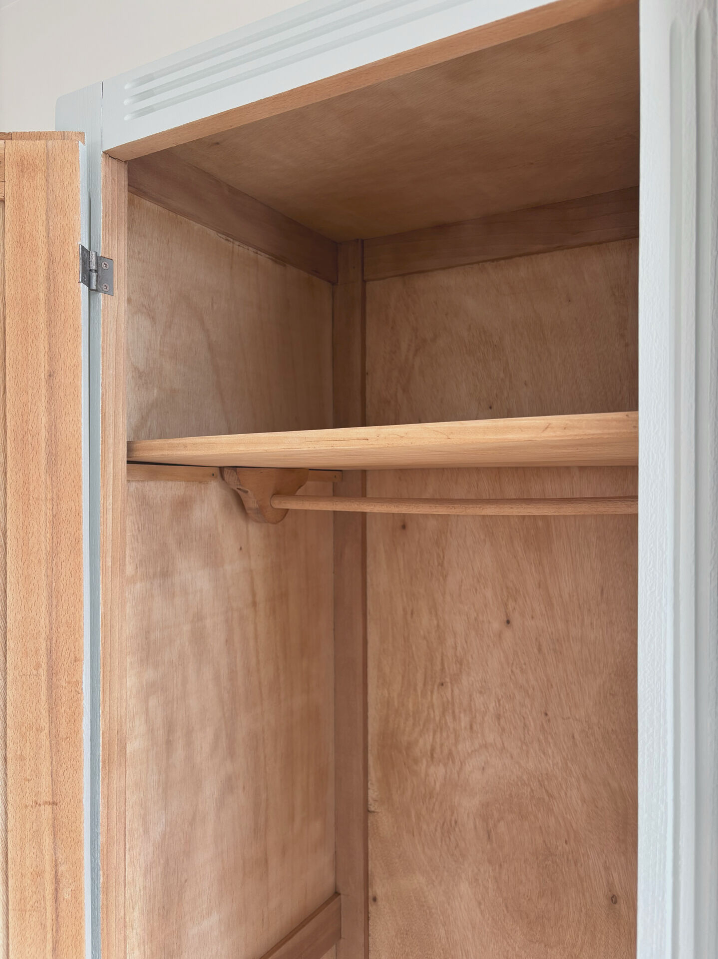 Art Deco wardrobe with shelves and drawers, renovated wood.