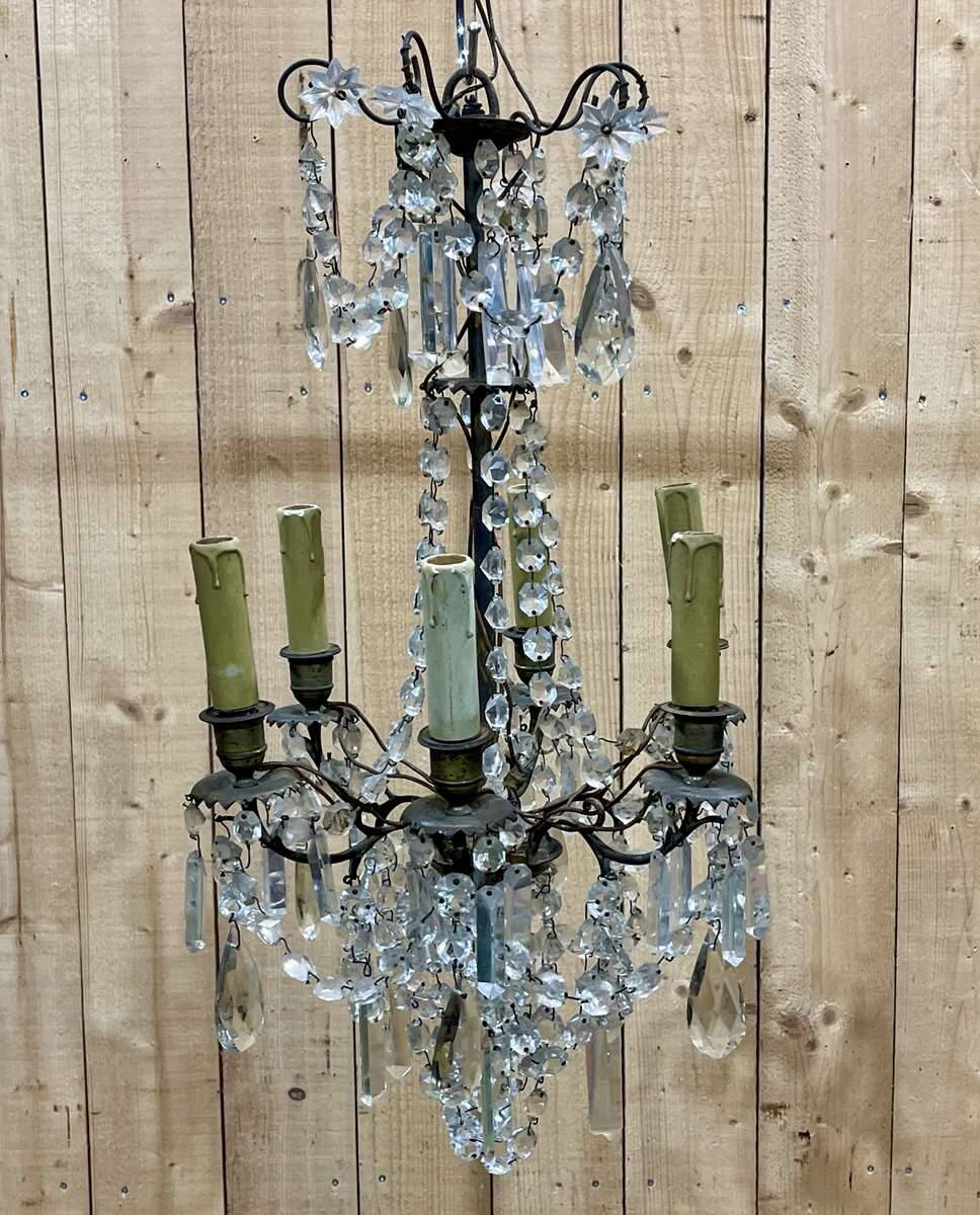 Early 20th century five-light chandelier with bronze and crystal drops