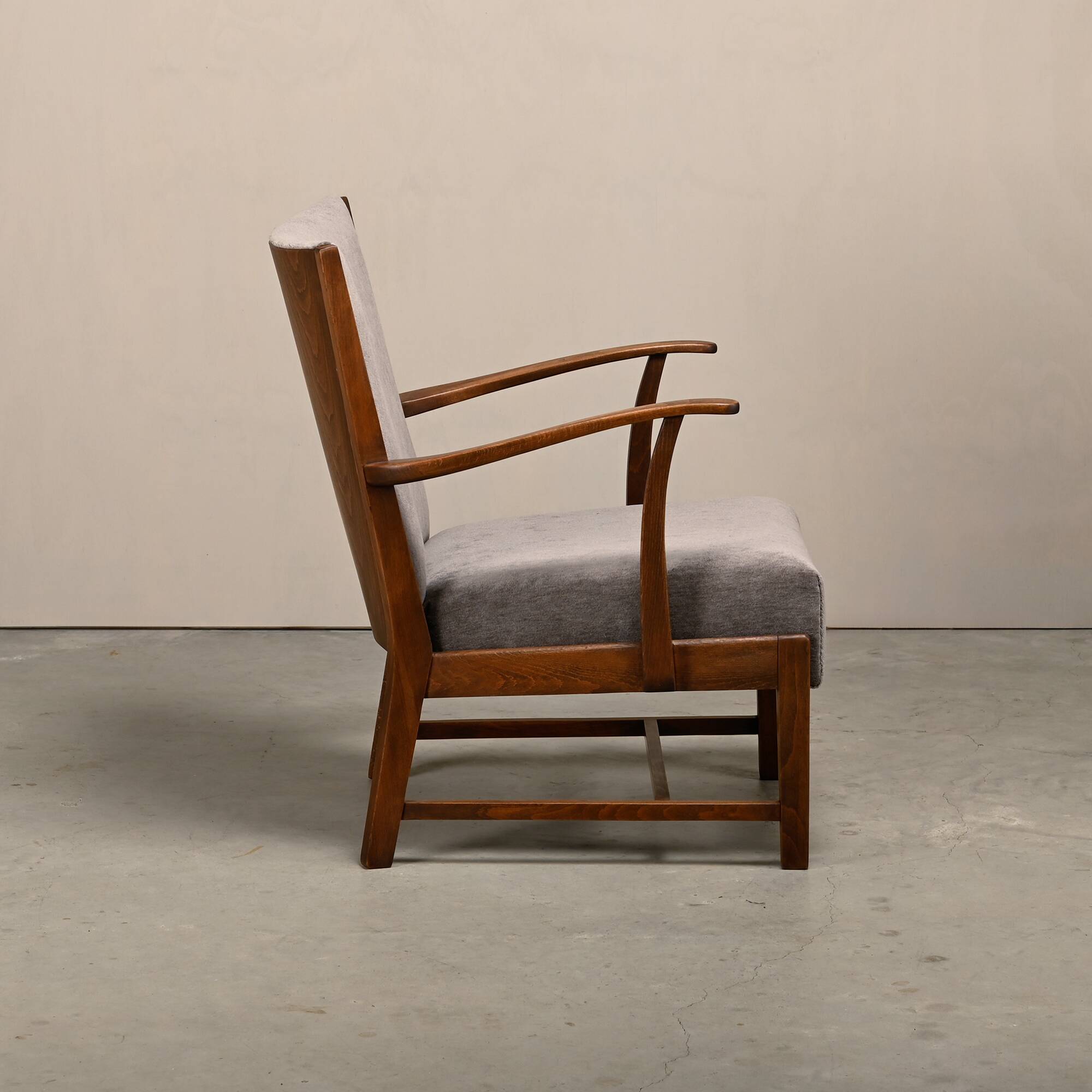 Fritz Hansen Armchair in stained beech wood and warm Grey Mohair, 1940s