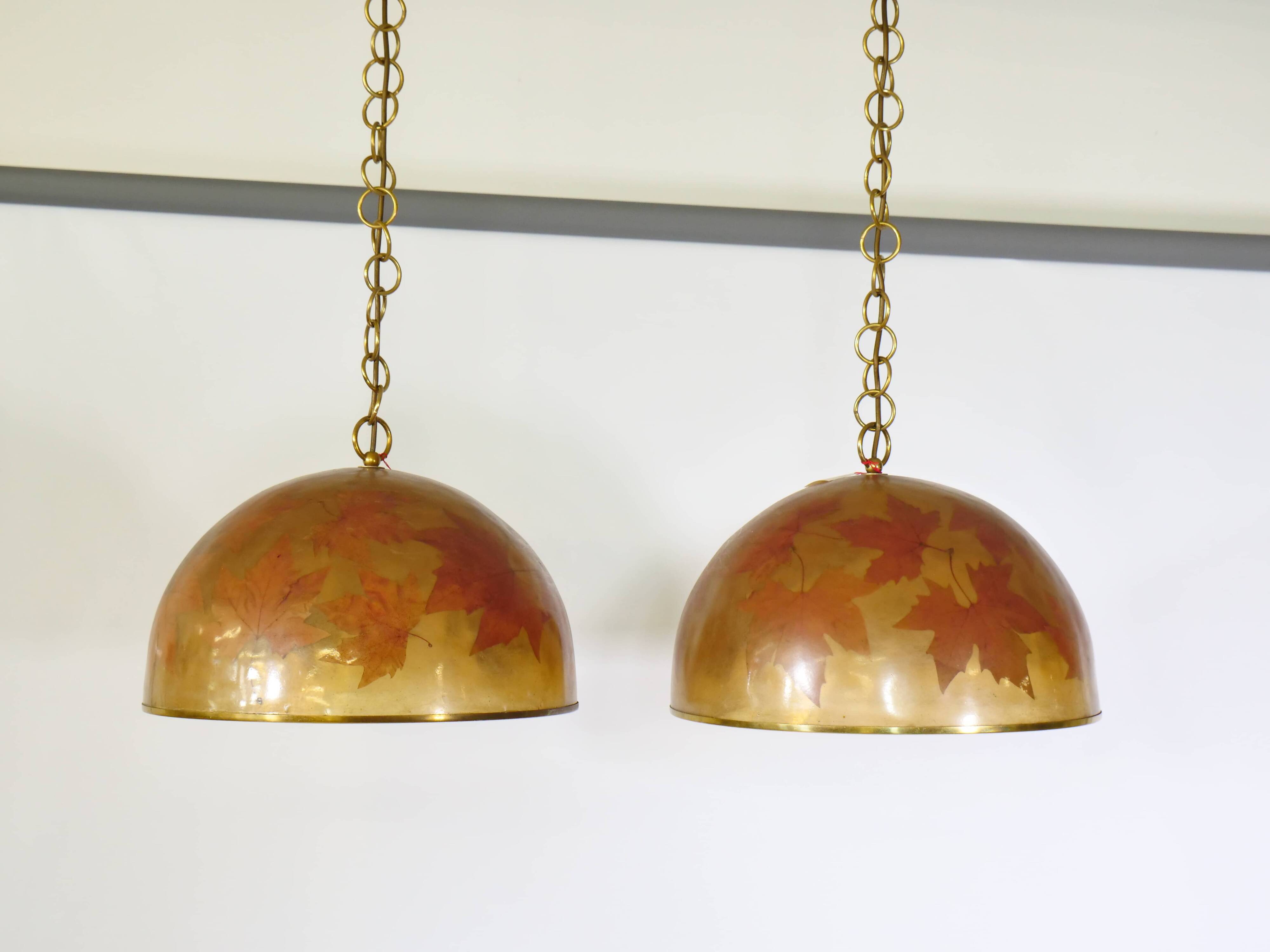 Italian design hanging lamps resin and leaves, 1970s 1980s
